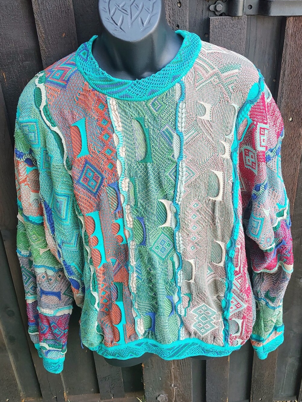 Men's COOGI Multicolor Textured Knit Sweater with Turquoise Trim